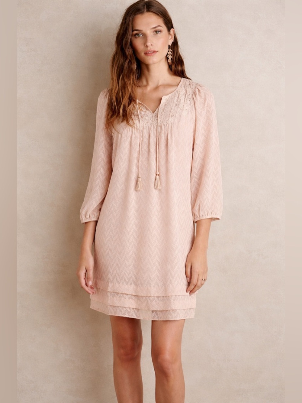 Anthropologie One September Anwen Peasant Dress | Blush Boho | Lace Flowy